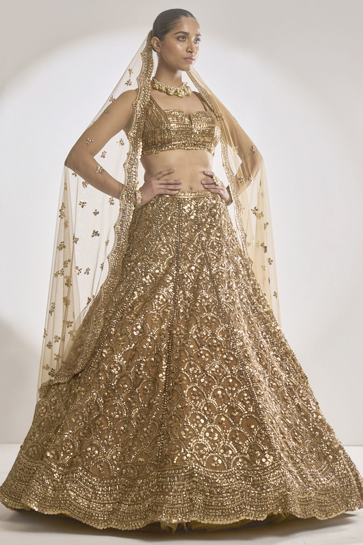 Copper Net Sequins Embroidered Bridal Lehenga Set by Seema Gujral at Pernia's Pop Up Shop