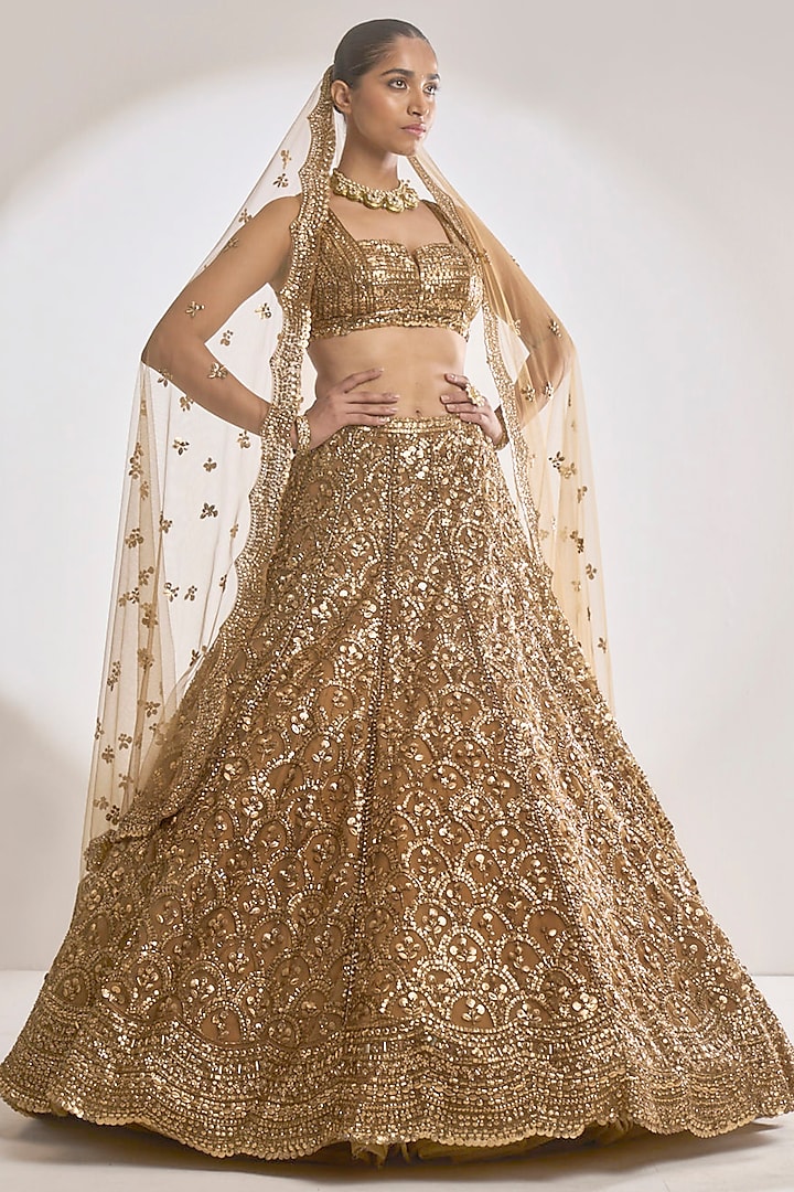 Copper Net Sequins Embroidered Bridal Lehenga Set by Seema Gujral at Pernia's Pop Up Shop