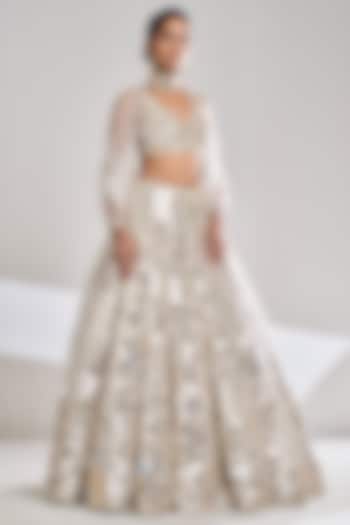 Cream Raw Silk Mirror Embroidered Bridal Lehenga Set by Seema Gujral at Pernia's Pop Up Shop