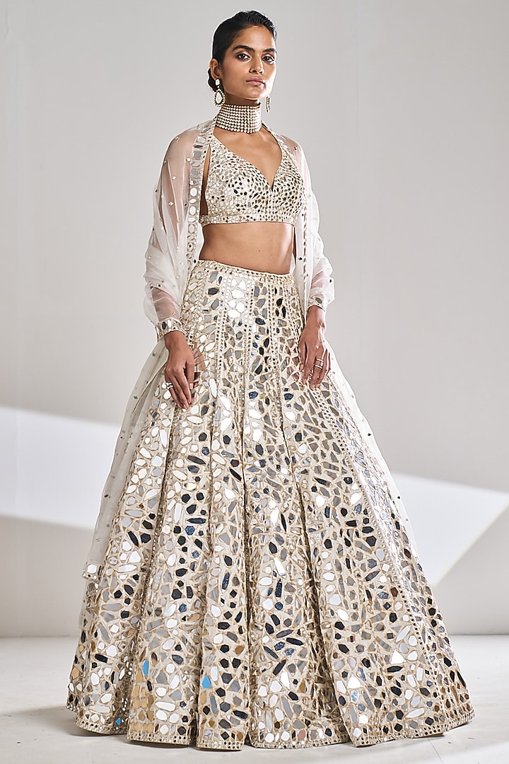 Cream Raw Silk Mirror Embroidered Bridal Lehenga Set by Seema Gujral at Pernia's Pop Up Shop