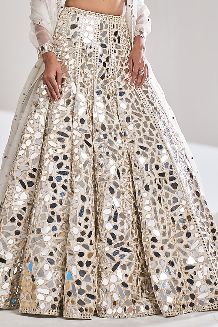 Cream Raw Silk Mirror Embroidered Bridal Lehenga Set by Seema Gujral at Pernia's Pop Up Shop