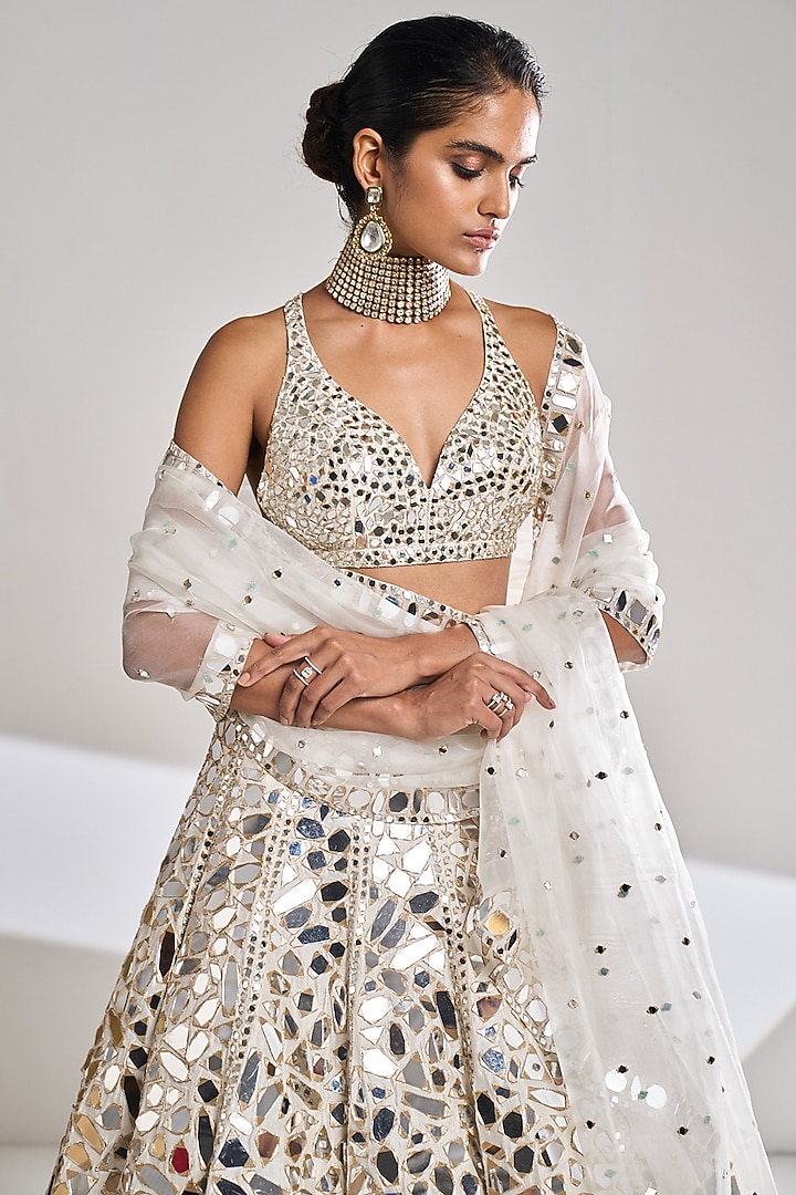 Cream Raw Silk Mirror Embroidered Bridal Lehenga Set by Seema Gujral at Pernia's Pop Up Shop