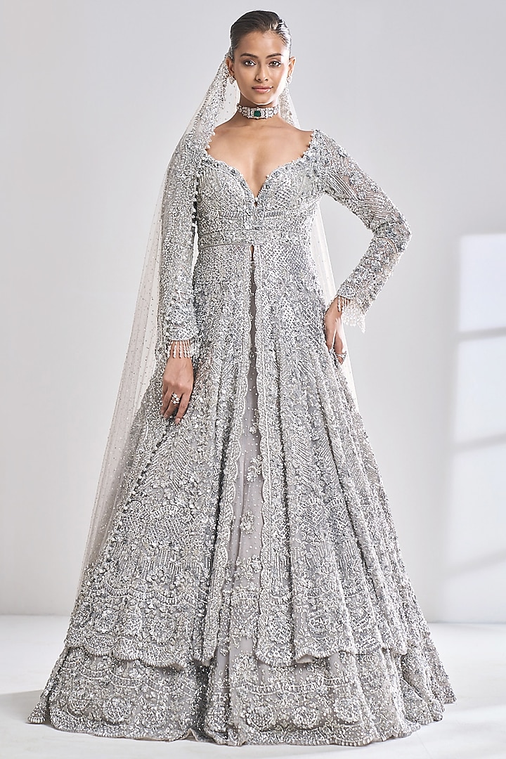 Silver Net Sequins Embroidered Jacket Bridal Lehenga Set by Seema Gujral at Pernia's Pop Up Shop