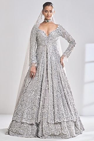 Silver Net Sequins Embroidered Jacket Lehenga Set by Seema Gujral