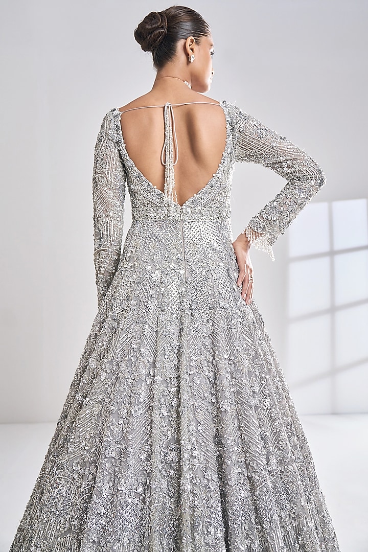 Silver Net Sequins Embroidered Jacket Bridal Lehenga Set by Seema Gujral at Pernia's Pop Up Shop