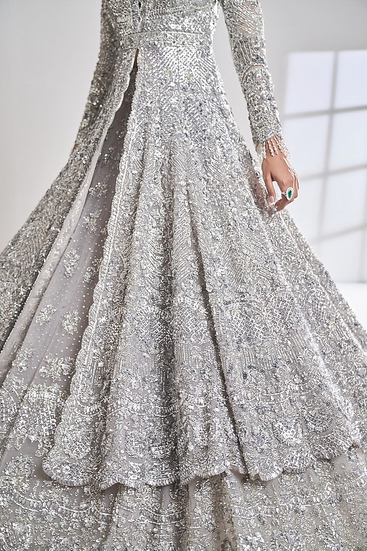 Silver Net Sequins Embroidered Jacket Bridal Lehenga Set by Seema Gujral at Pernia's Pop Up Shop