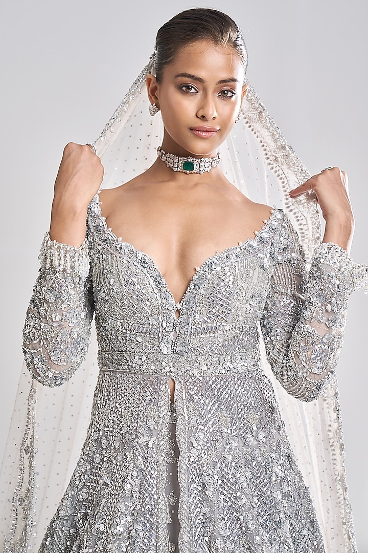 Silver Net Sequins Embroidered Jacket Bridal Lehenga Set by Seema Gujral at Pernia's Pop Up Shop