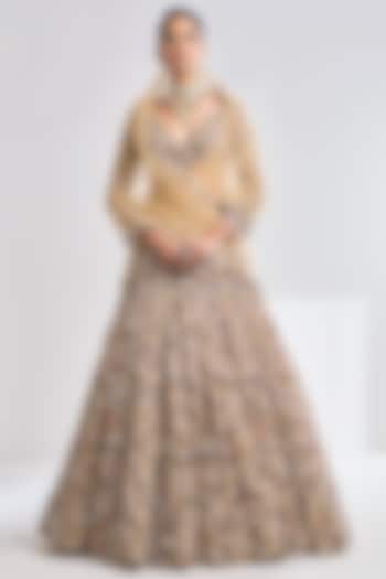 Antique Gold Net Pearl Embroidered Bridal Lehenga Set by Seema Gujral at Pernia's Pop Up Shop