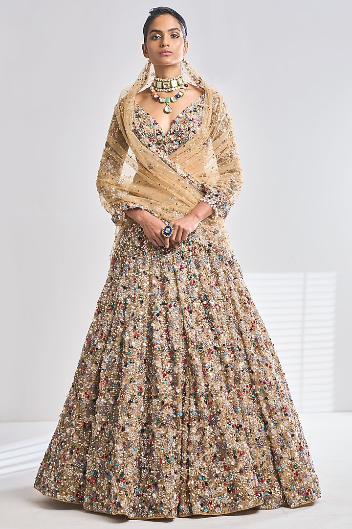 Antique Gold Net Pearl Embroidered Bridal Lehenga Set by Seema Gujral at Pernia's Pop Up Shop