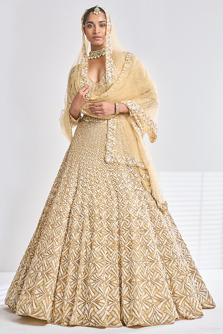 Gold Net Sequins Embroidered Lehenga Set by Seema Gujral