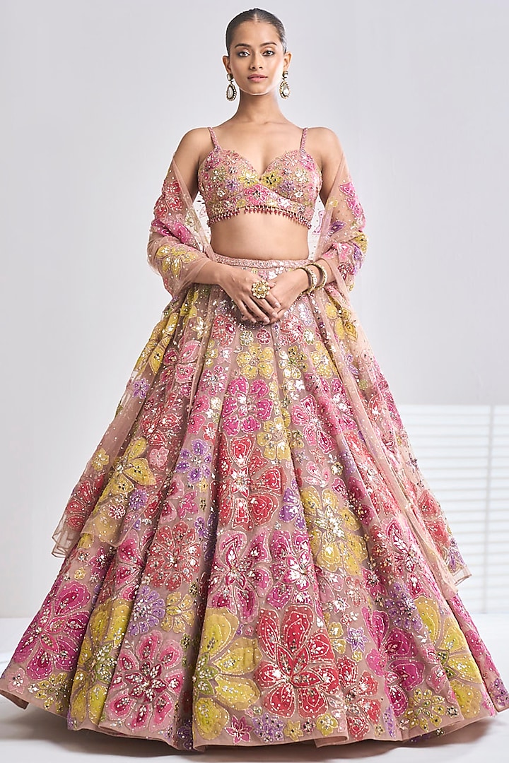 Multi-Coloured Net Floral Applique Embroidered Lehenga Set by Seema Gujral