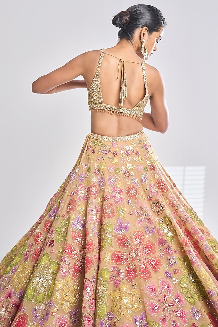 Multi-Coloured Net Floral Applique Embroidered Bridal Lehenga Set by Seema Gujral at Pernia's Pop Up Shop