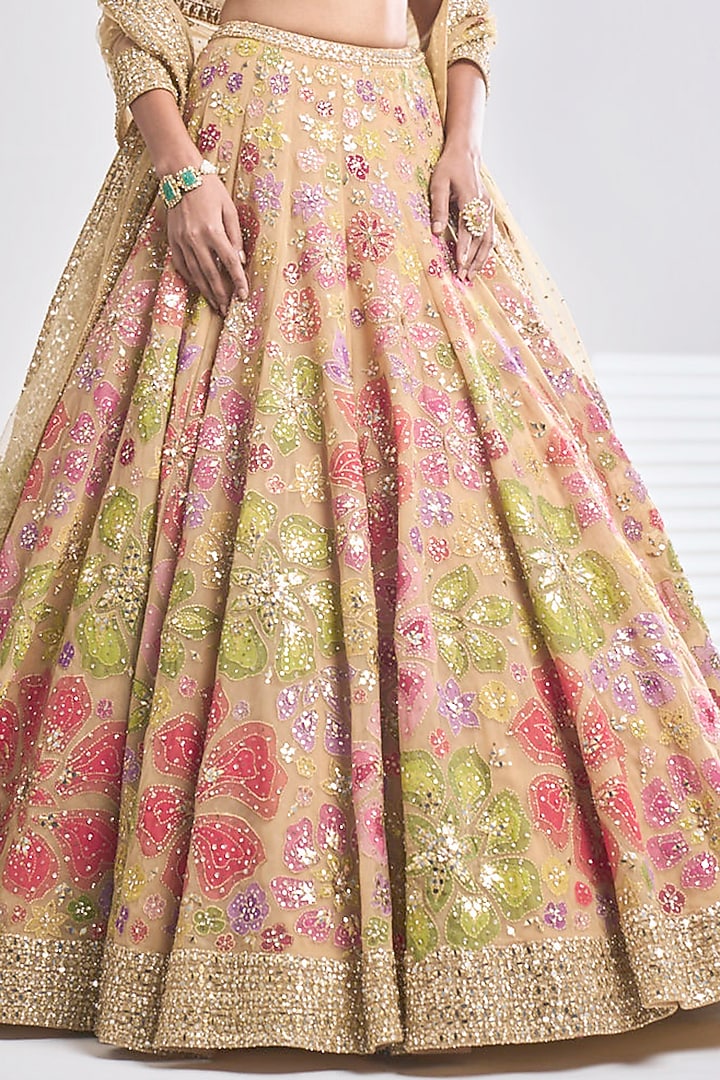 Multi-Coloured Net Floral Applique Embroidered Bridal Lehenga Set by Seema Gujral at Pernia's Pop Up Shop