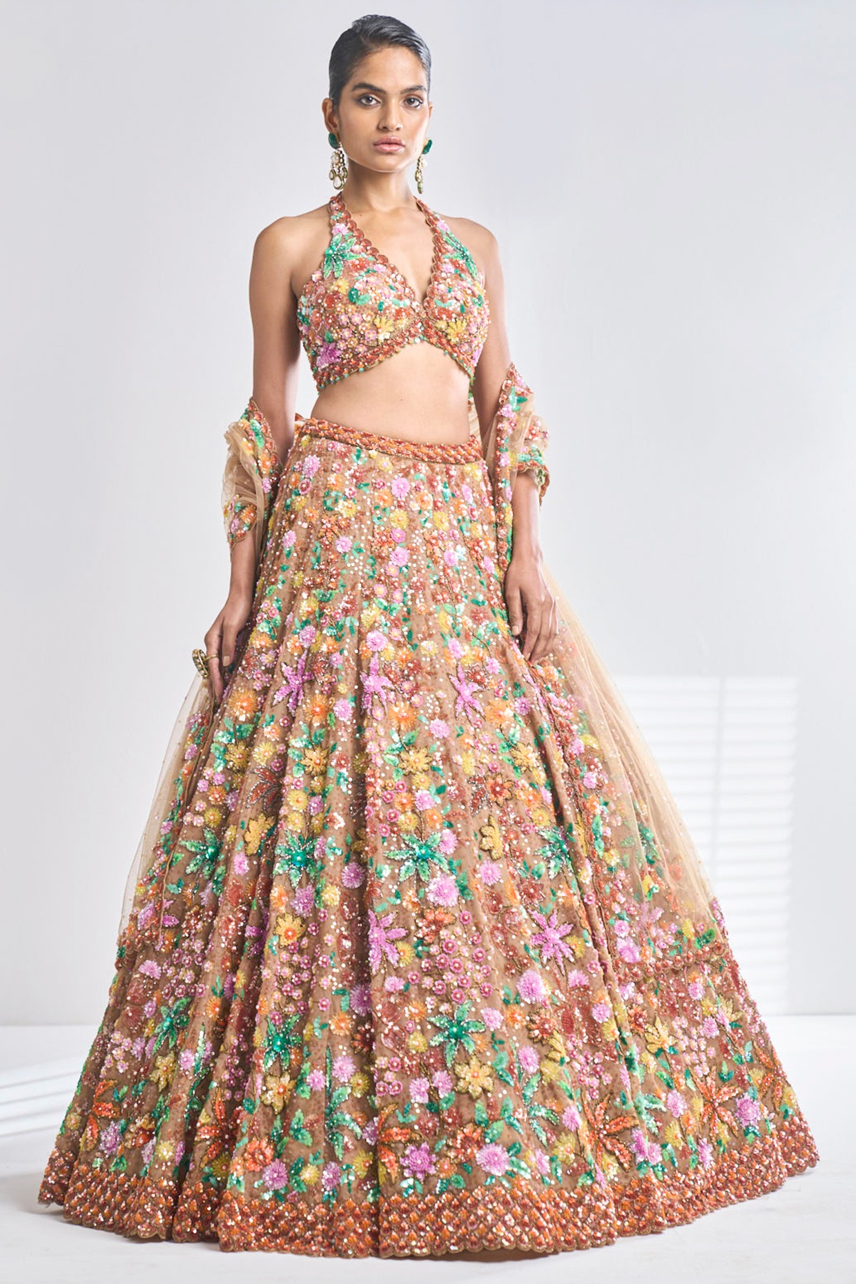 Organza Fabric Function Wear Printed Work Designer Lehenga In Green Color