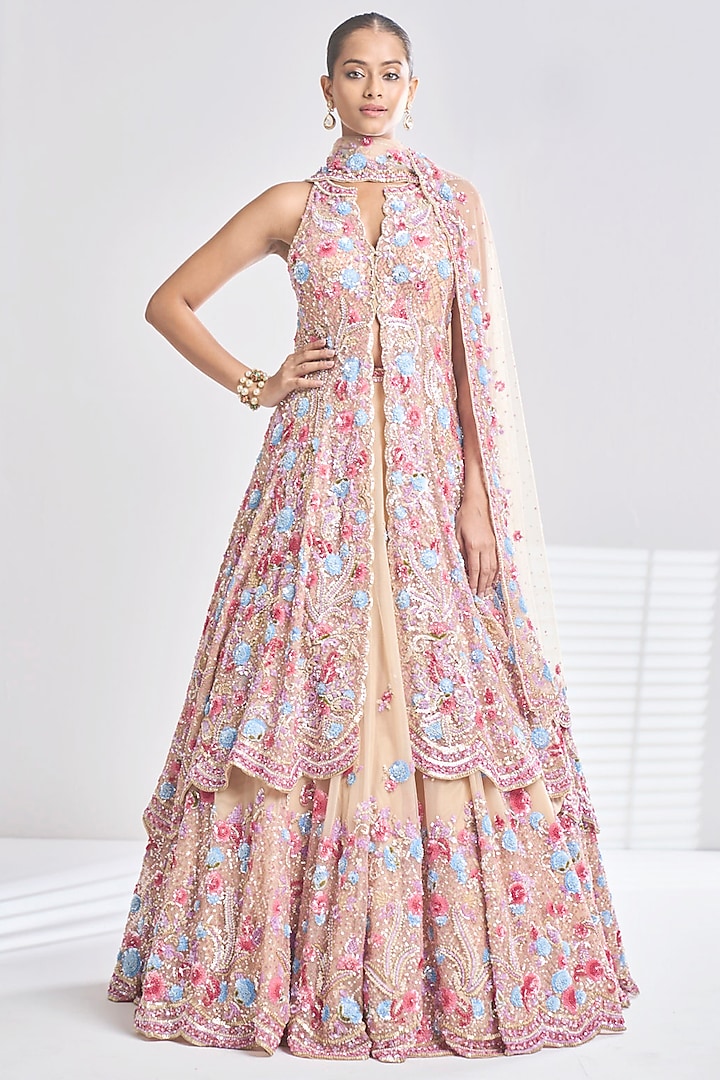 Light Gold Net Sequins Embroidered Jacket Bridal Lehenga Set by Seema Gujral at Pernia's Pop Up Shop