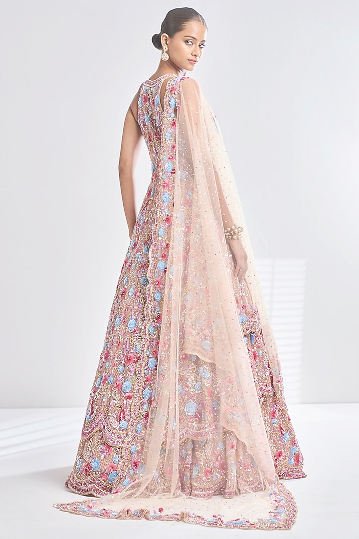 Light Gold Net Sequins Embroidered Jacket Bridal Lehenga Set by Seema Gujral at Pernia's Pop Up Shop
