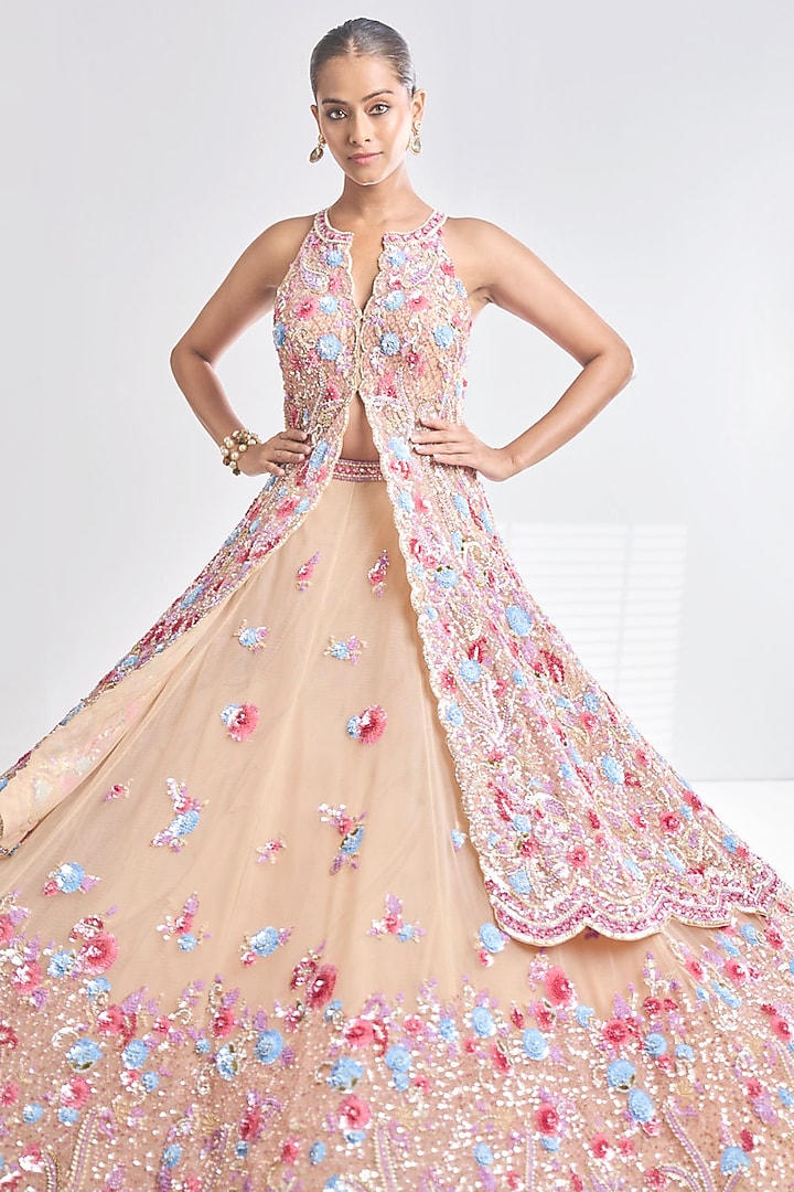 Light Gold Net Sequins Embroidered Jacket Bridal Lehenga Set by Seema Gujral at Pernia's Pop Up Shop
