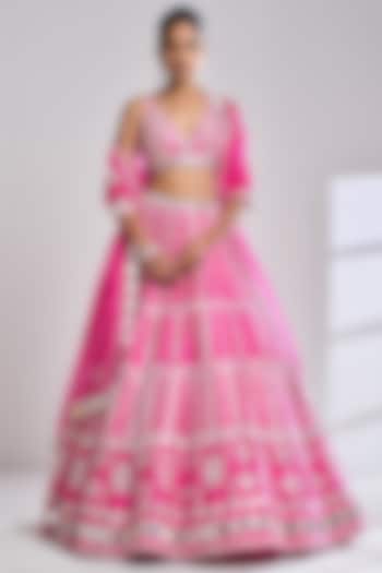 Fuchsia Raw Silk Mirror Embroidered Bridal Lehenga Set by Seema Gujral at Pernia's Pop Up Shop