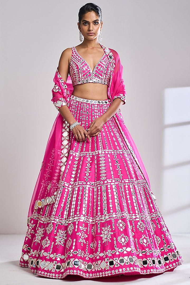 Fuchsia Raw Silk Mirror Embroidered Bridal Lehenga Set by Seema Gujral at Pernia's Pop Up Shop