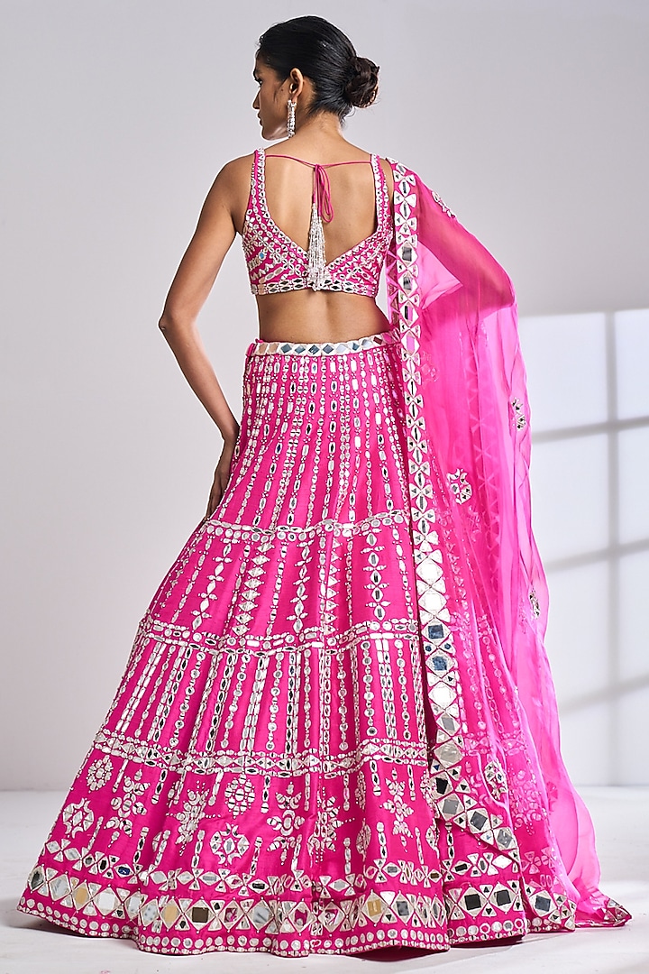 Fuchsia Raw Silk Mirror Embroidered Bridal Lehenga Set by Seema Gujral at Pernia's Pop Up Shop
