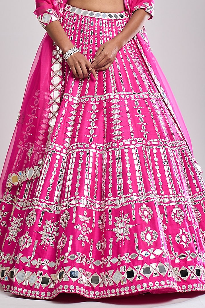 Fuchsia Raw Silk Mirror Embroidered Bridal Lehenga Set by Seema Gujral at Pernia's Pop Up Shop