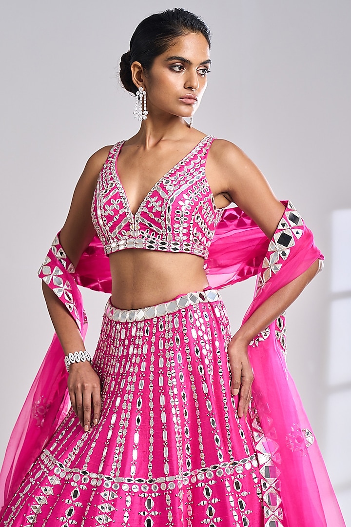 Fuchsia Raw Silk Mirror Embroidered Bridal Lehenga Set by Seema Gujral at Pernia's Pop Up Shop