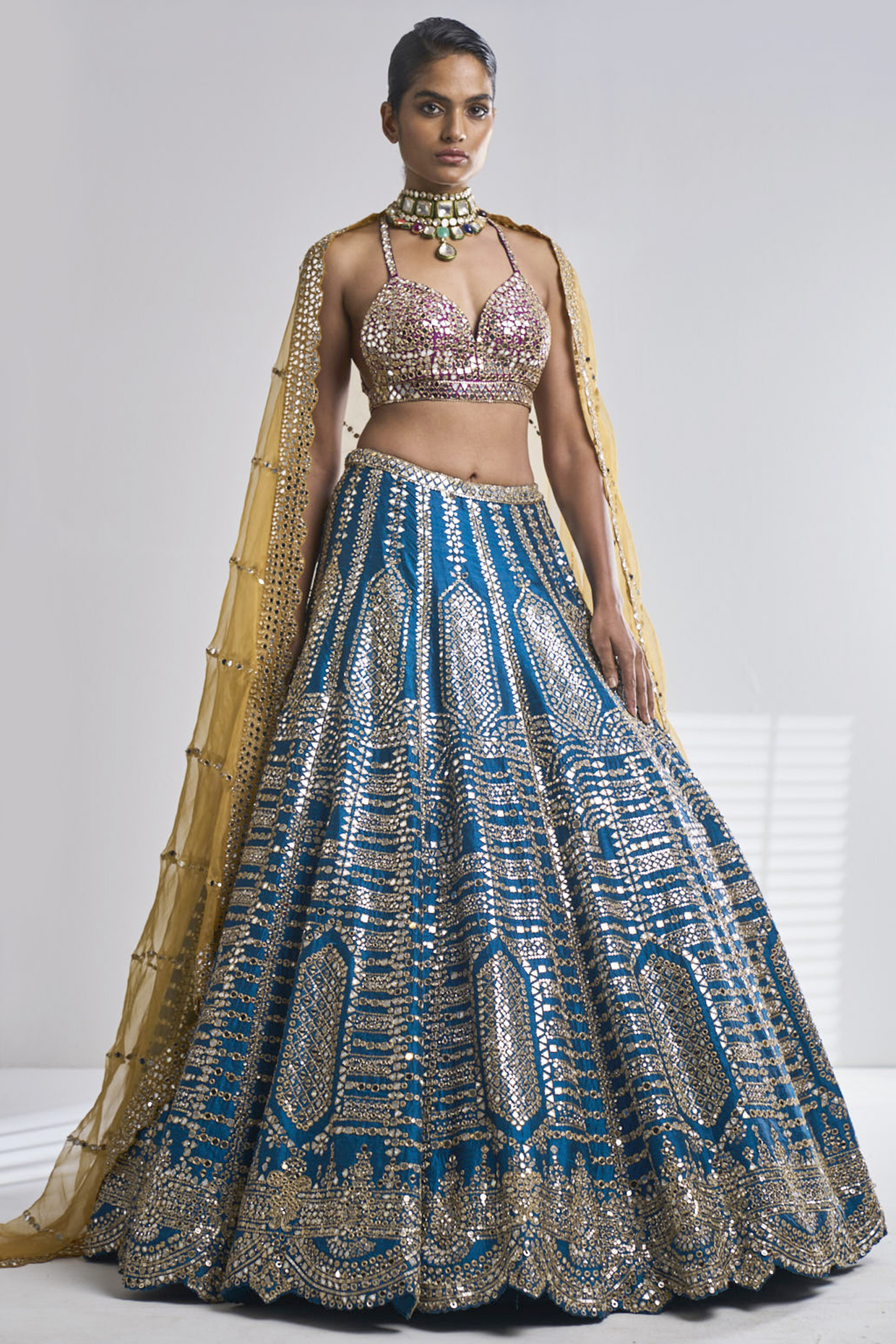 Blue Raw Silk Mirror Embroidered Bridal Lehenga Set by Seema Gujral at Pernia's Pop Up Shop