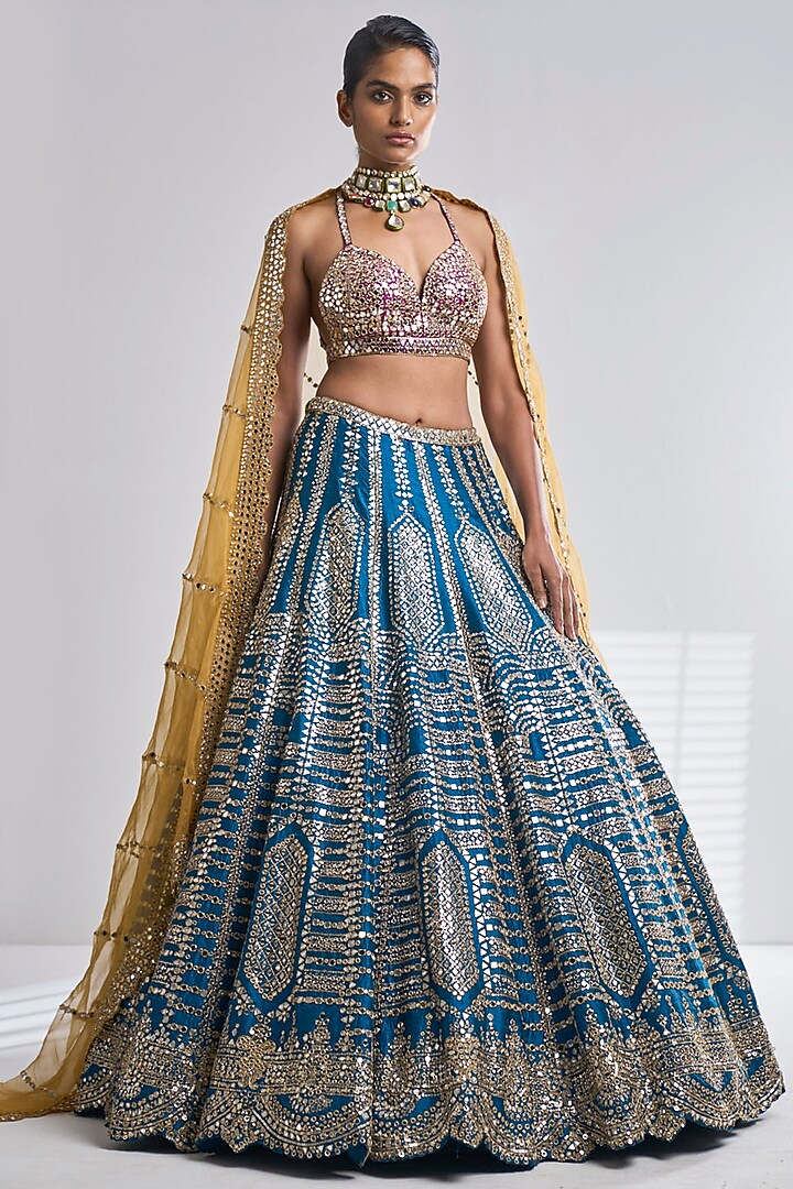 Blue Raw Silk Mirror Embroidered Bridal Lehenga Set by Seema Gujral at Pernia's Pop Up Shop