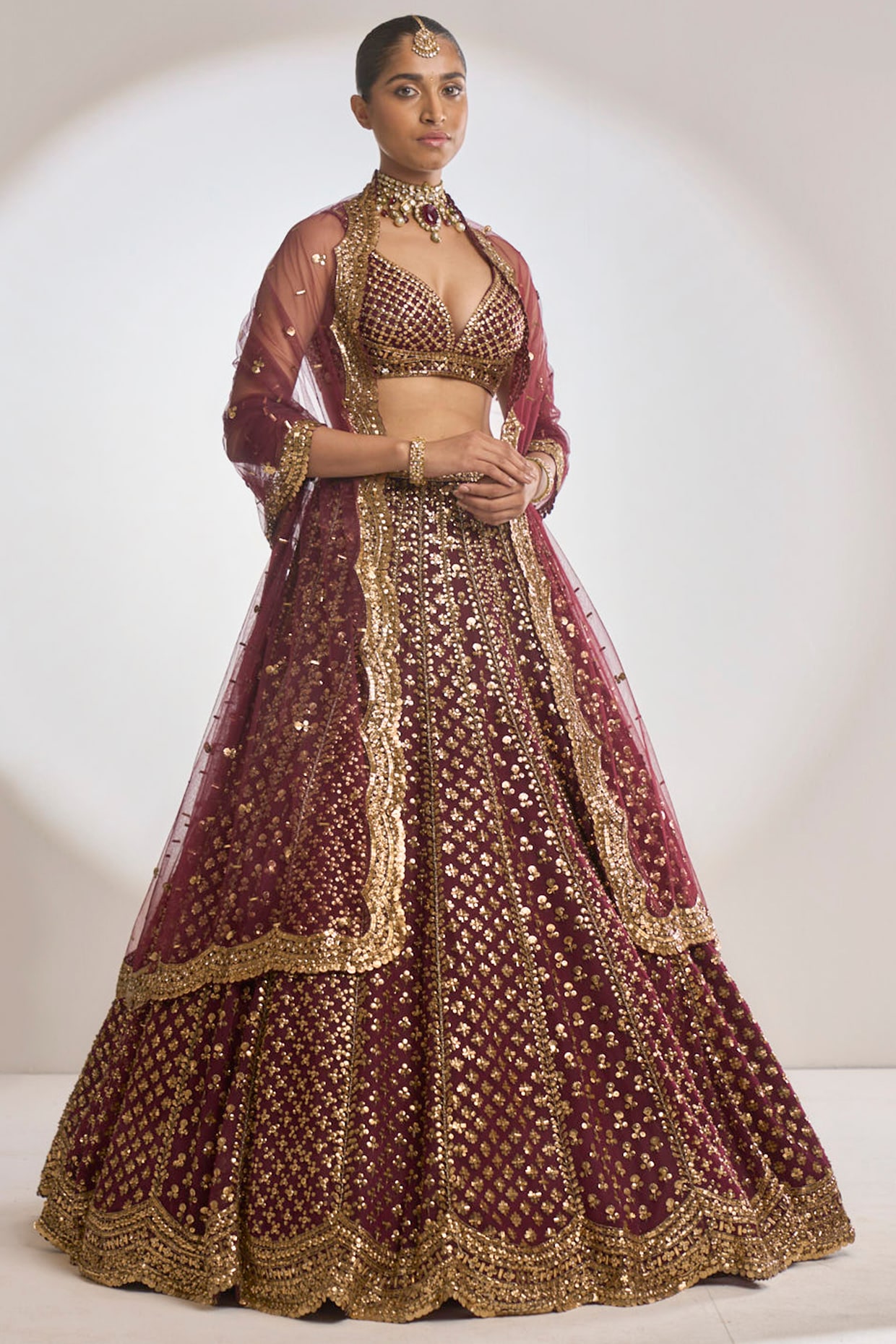 Rent or Buy Golden Cut Bead Wine Color Lehenga at PoshRobe