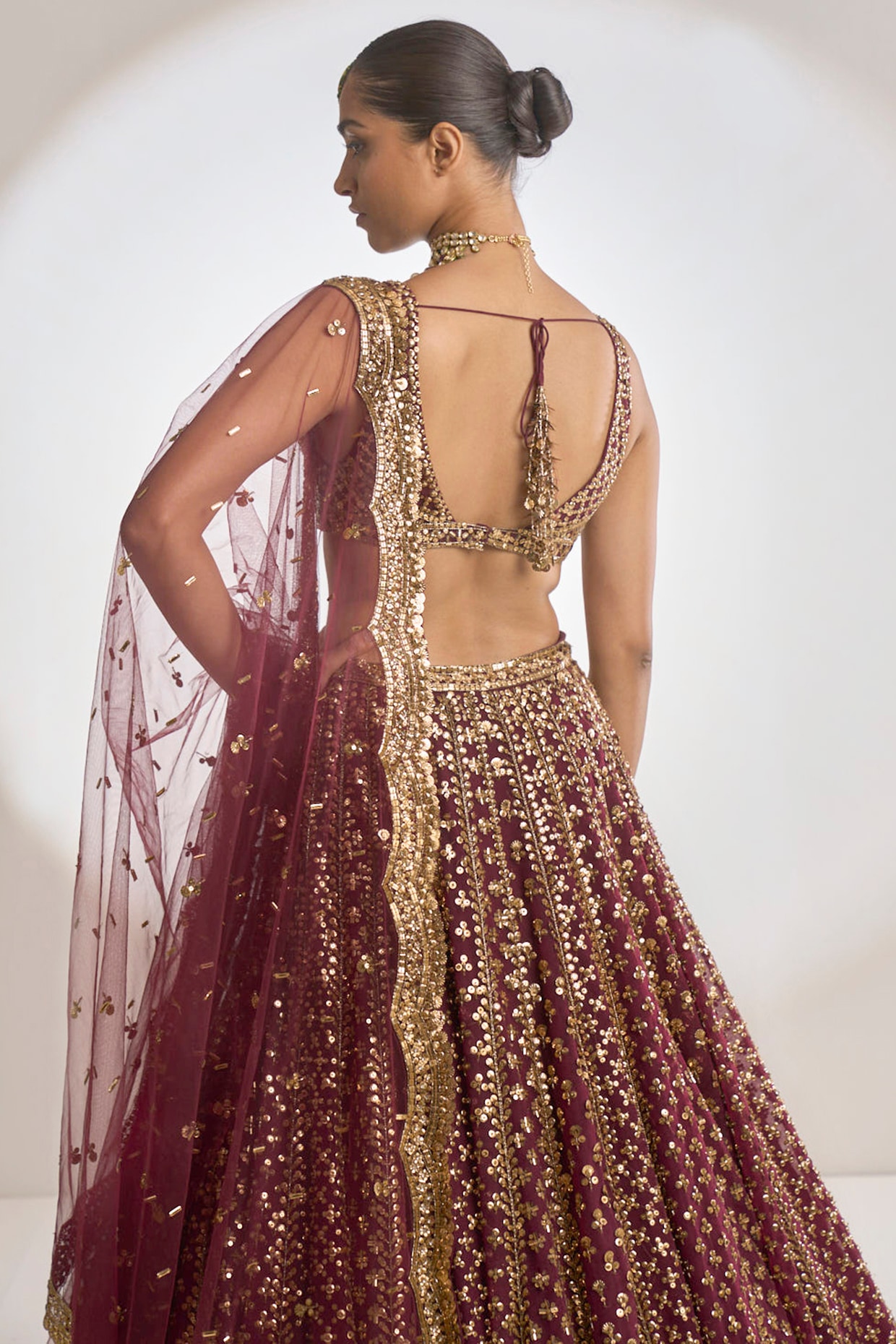 Buy Wine Threadwork Raw Silk Readymade Lehenga - Koskii