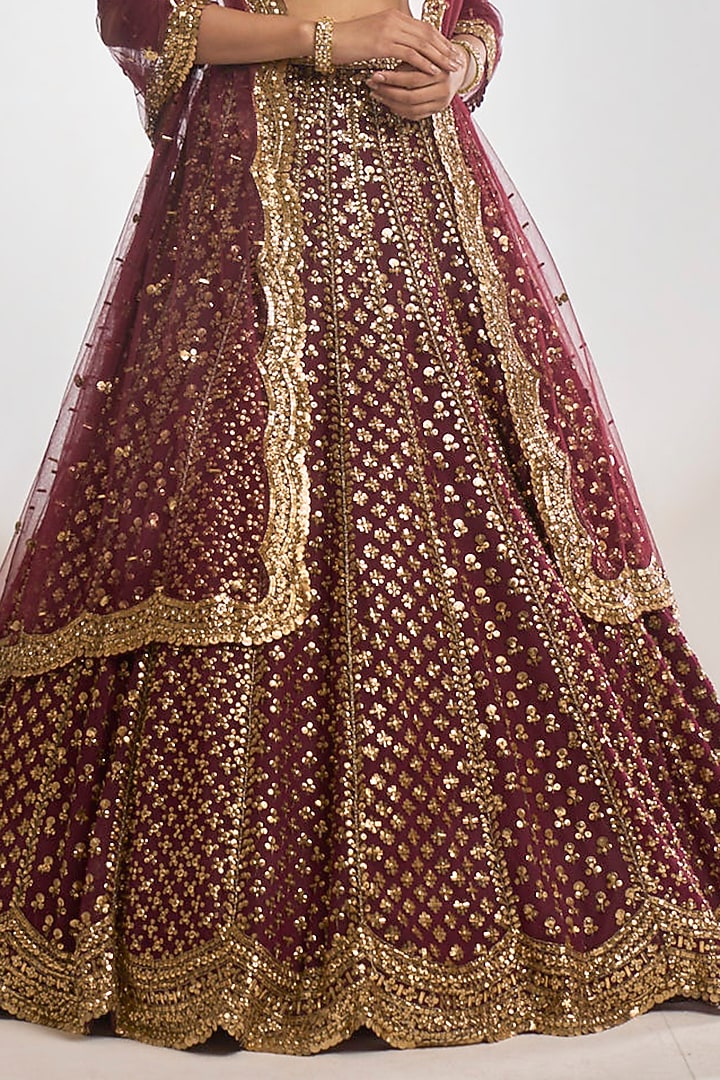 Wine Net Sequins Embroidered Bridal Lehenga Set by Seema Gujral at Pernia's Pop Up Shop