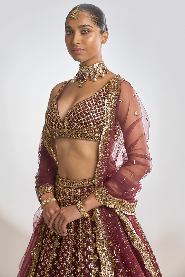 Wine Net Sequins Embroidered Bridal Lehenga Set by Seema Gujral at Pernia's Pop Up Shop