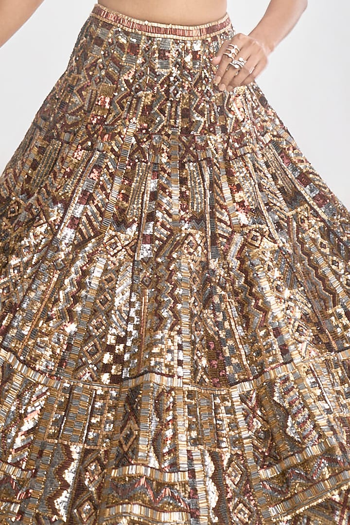 Sage Green Net Metallic Sequins Embroidered Bridal Lehenga Set by Seema Gujral at Pernia's Pop Up Shop