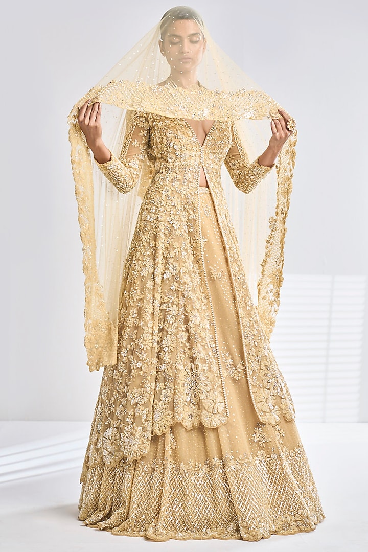 Gold Net Sequins Embroidered Jacket Lehenga Set by Seema Gujral