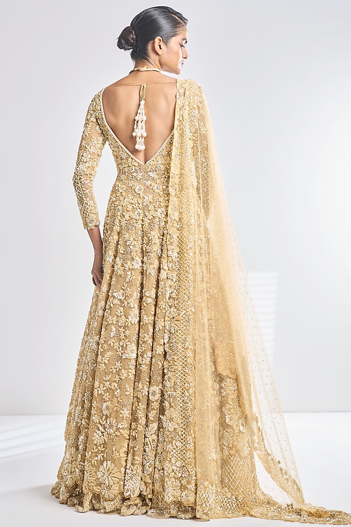 Gold Net Sequins Embroidered Jacket Bridal Lehenga Set by Seema Gujral at Pernia's Pop Up Shop