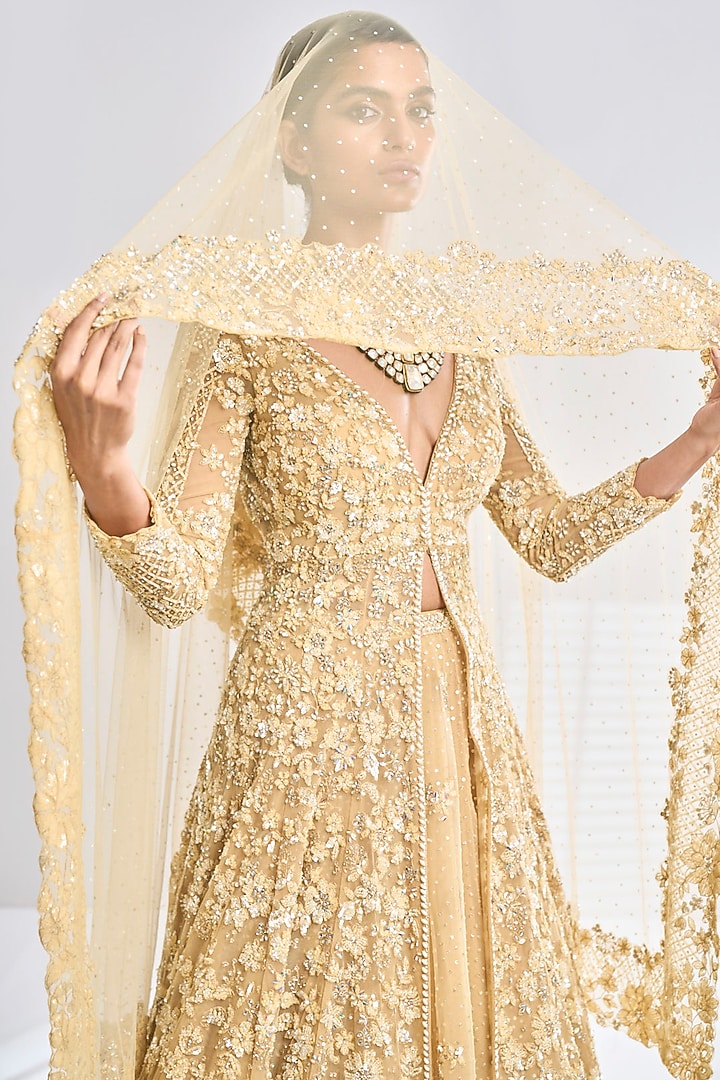 Gold Net Sequins Embroidered Jacket Bridal Lehenga Set by Seema Gujral at Pernia's Pop Up Shop