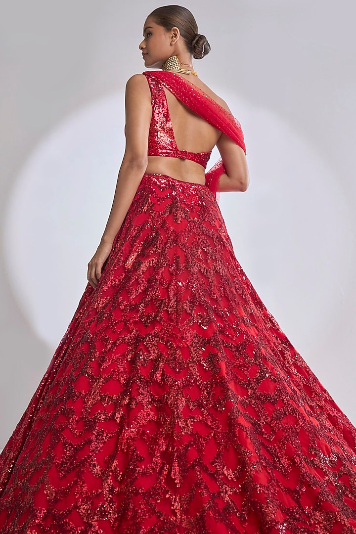 Red Net Sequins Embroidered Trail Bridal Lehenga Set by Seema Gujral at Pernia's Pop Up Shop