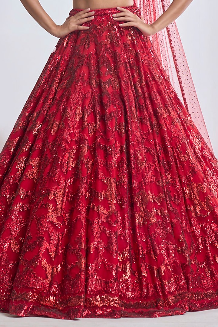 Red Net Sequins Embroidered Trail Bridal Lehenga Set by Seema Gujral at Pernia's Pop Up Shop