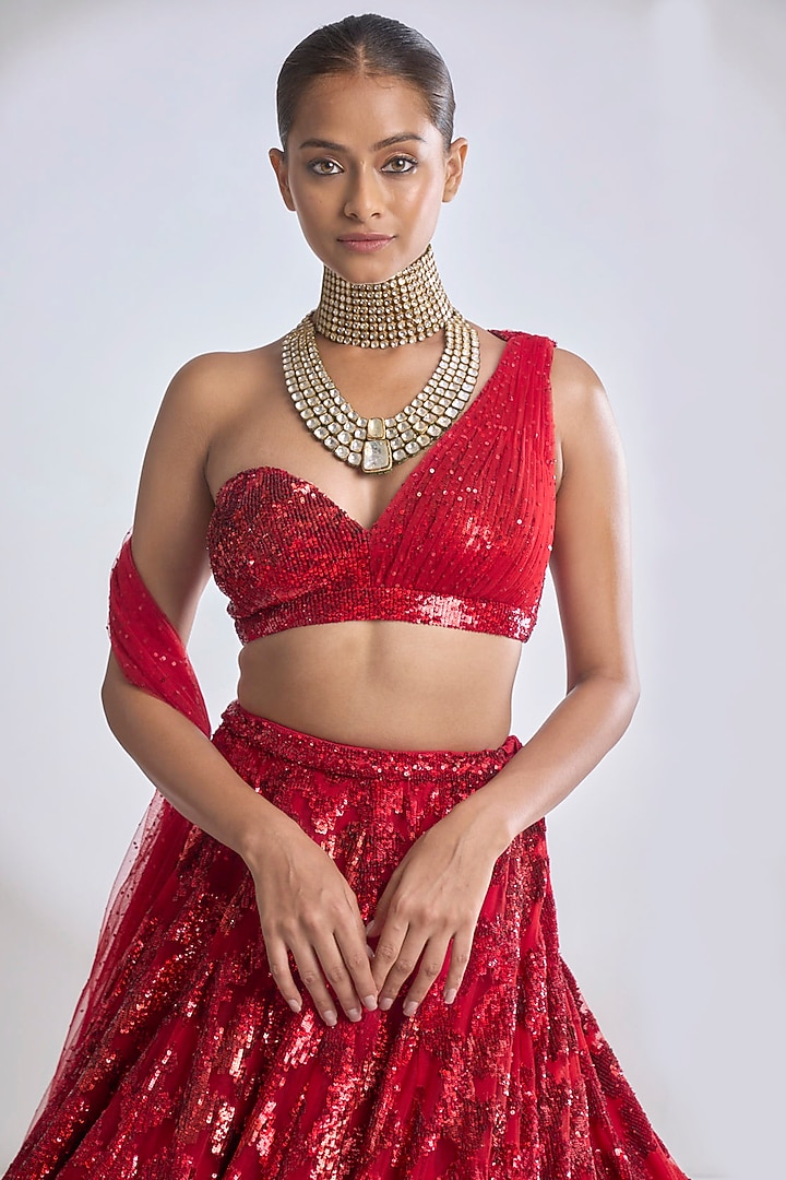 Deep Red & Gold Silk Embroidered Bridal Wear Trail Cut Lehenga main image 1
