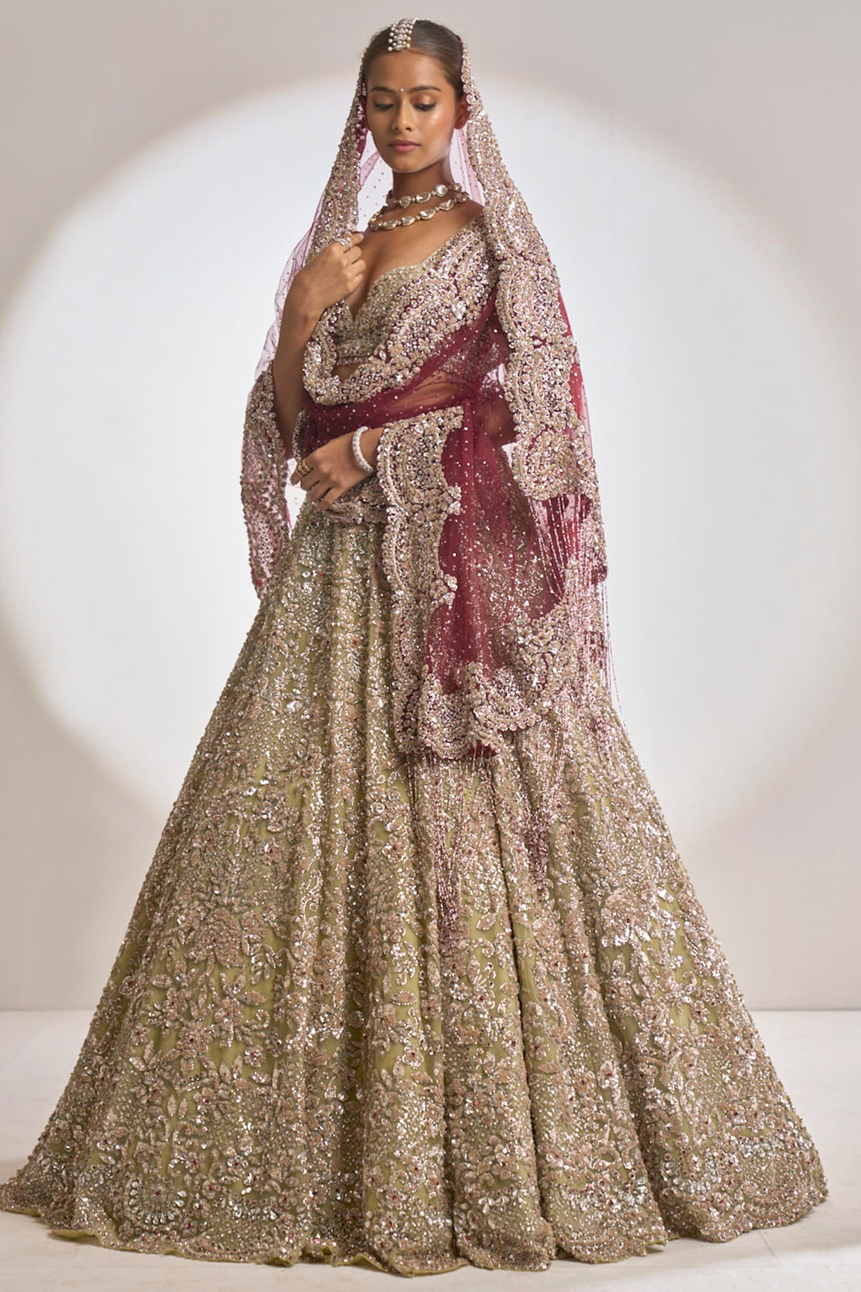 Sage green printed embroidered lehenga set main image 1