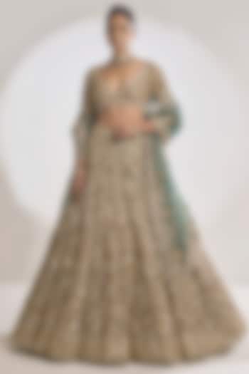 Champagne Gold Organza Zardosi Embroidered Bridal Lehenga Set by Seema Gujral at Pernia's Pop Up Shop