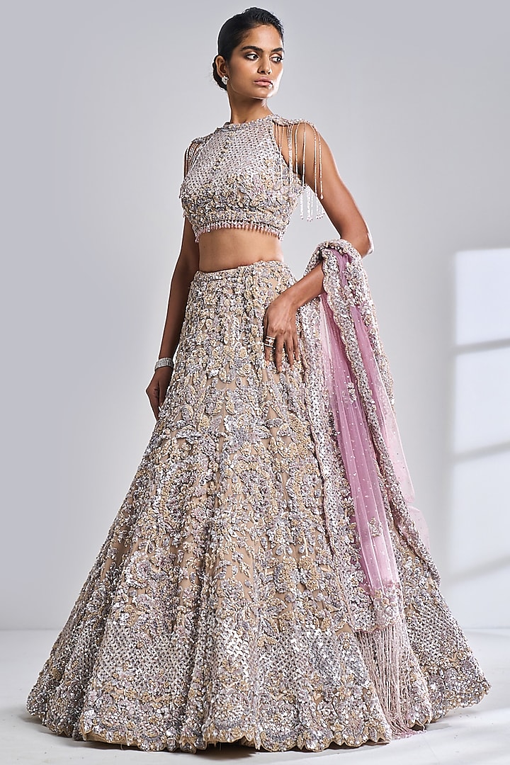 Nude Net Sequins Embroidered Bridal Lehenga Set by Seema Gujral at Pernia's Pop Up Shop