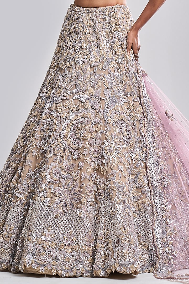 Nude Net Sequins Embroidered Bridal Lehenga Set by Seema Gujral at Pernia's Pop Up Shop