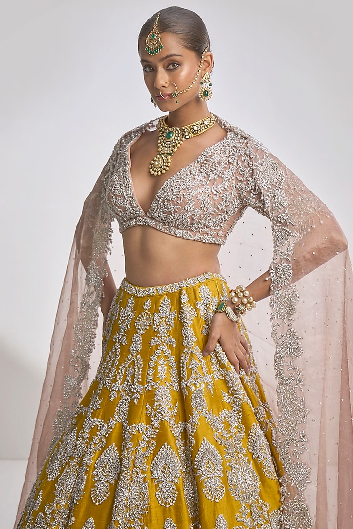 Yellow Raw Silk Zardosi Embroidered Bridal Lehenga Set by Seema Gujral at Pernia's Pop Up Shop