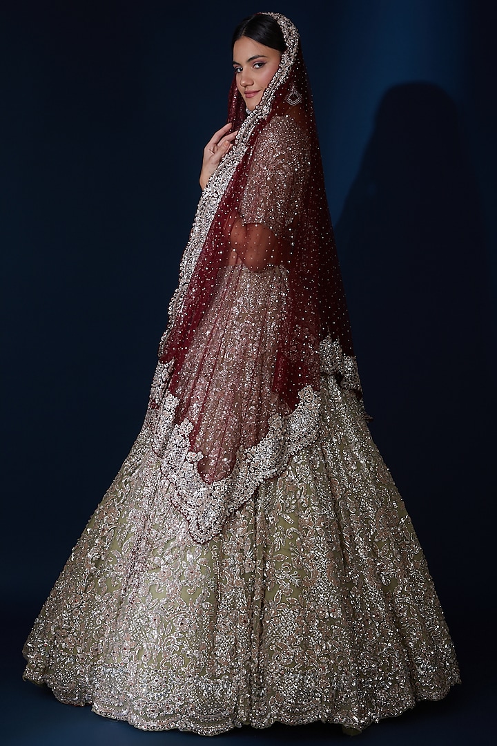 Sage Green Net Crystal Embroidered Bridal Lehenga Set by Seema Gujral at Pernia's Pop Up Shop