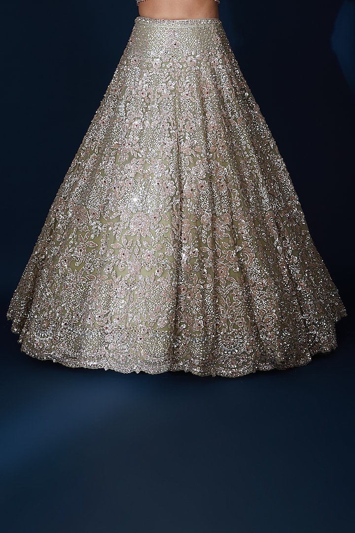Sage Green Net Crystal Embroidered Bridal Lehenga Set by Seema Gujral at Pernia's Pop Up Shop