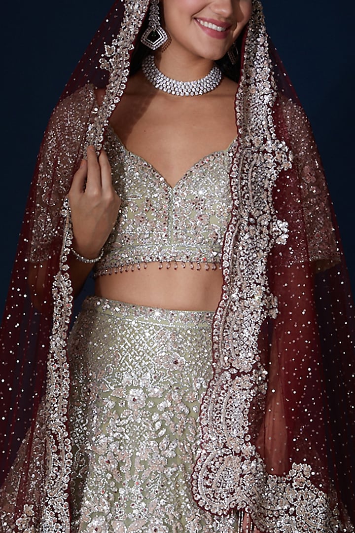 Sage Green Net Crystal Embroidered Bridal Lehenga Set by Seema Gujral at Pernia's Pop Up Shop