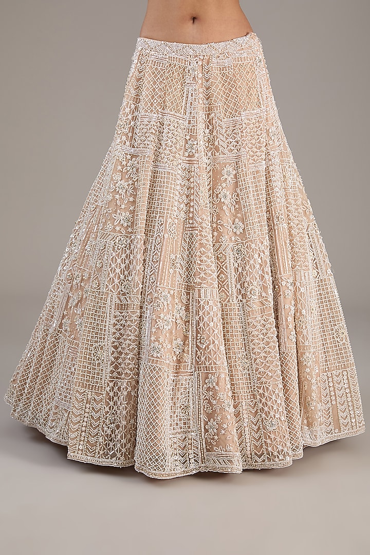 Peach Net Pearl & Sequins Embroidered Bridal Lehenga Set by Seema Gujral at Pernia's Pop Up Shop