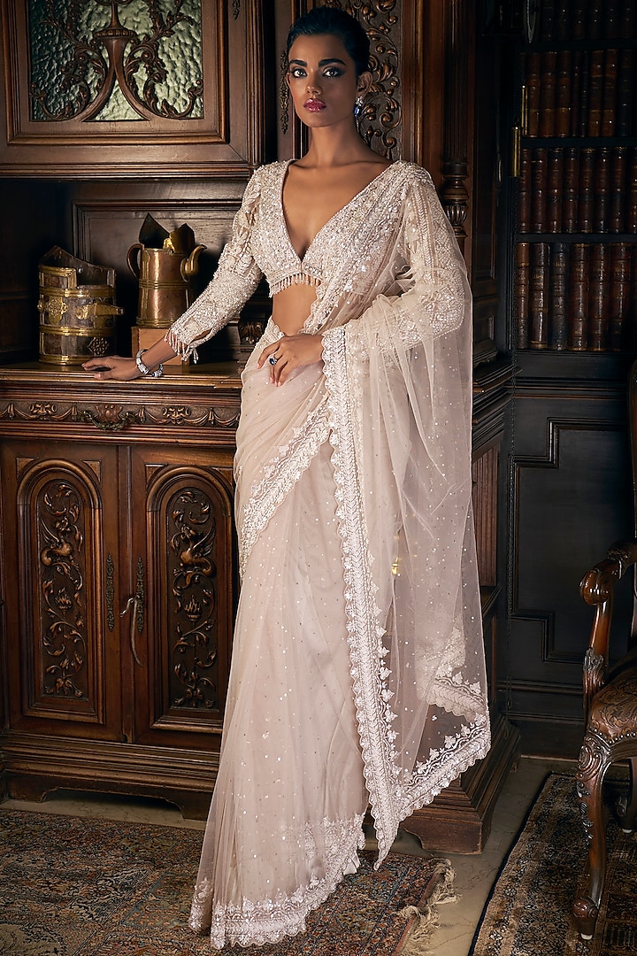 Nude Net Sequins & Crystal Embroidered Saree Set by Seema Gujral