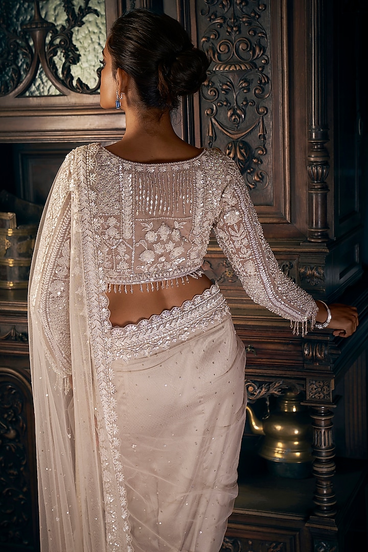Nude Net Sequins & Crystal Embroidered Reception Saree Set by Seema Gujral at Pernia's Pop Up Shop